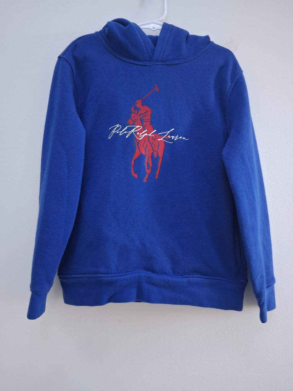 Polo Ralph Lauren Kids Boys Royal Blue Fleece Hoodie Red Big Polo Logo Size 7